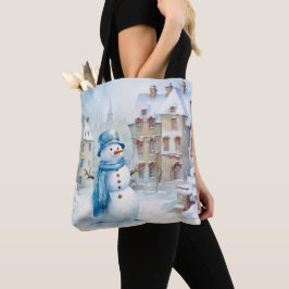 BOLSA TOTE PASTEL BLUE WINTER HOLIDAY CHRISTMAS SNOWMAN