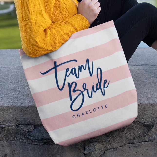 Bolsa Tote Pastel Coral Rosa e White Stripes Blue Team Brid (Criador carregado)