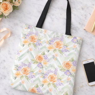 Bolsa Tote Pastel Floral de Lavanda e Sage em Chev
