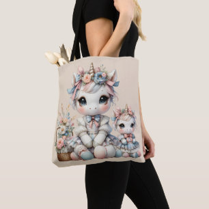 Bolsa Tote Pastel Kawaii Unicorn Mãe Filha Duo Beige
