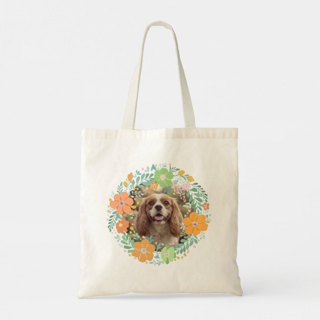 Bolsa Tote Pastel Orange Cavalier King Charles Spaniel Floral (Verso)