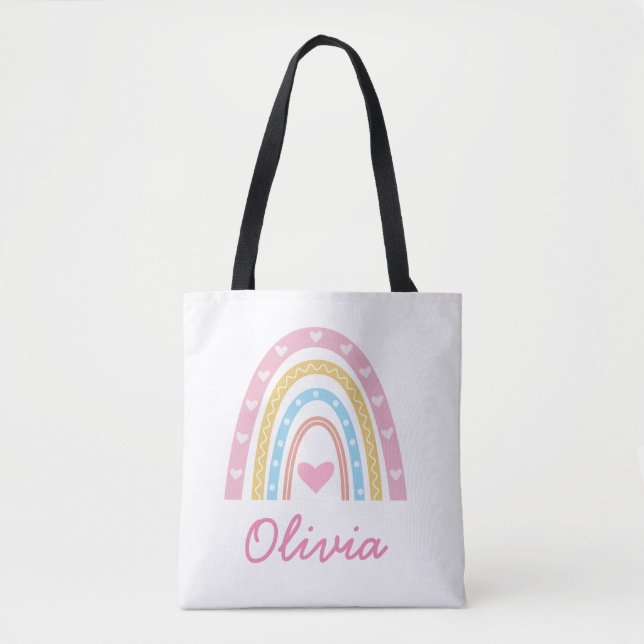 Bolsa Tote Pastel Personalizado boho arco-íris nome da menina (Frente)