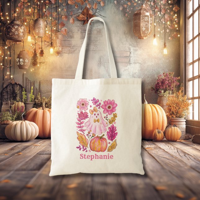Bolsa Tote Pastel Pink Halloween Ghost with Custom Name (Criador carregado)