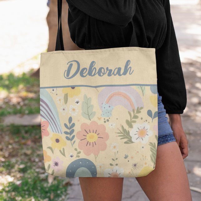 Bolsa Tote Pastel Rainbow Flowers Personalizado (Criador carregado)
