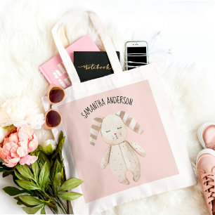 Bolsa Tote Pastel Rosa Coelhinho Cor-de-Rosa Moderno com Nome