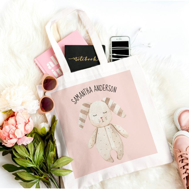 Bolsa Tote Pastel Rosa Coelhinho Cor-de-Rosa Moderno com Nome (Criador carregado)