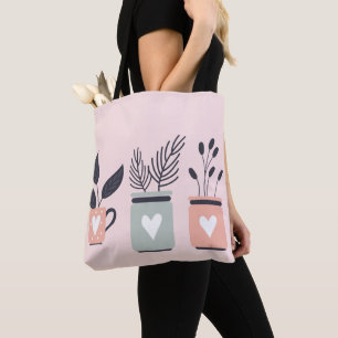 Bolsa Tote Pastel, rosa e cinzas, plantas modernas potes
