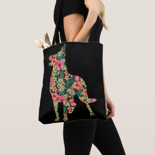 Bolsa Tote Pastor Alemão Flor Cachorro Engraçado Silhueta Flo