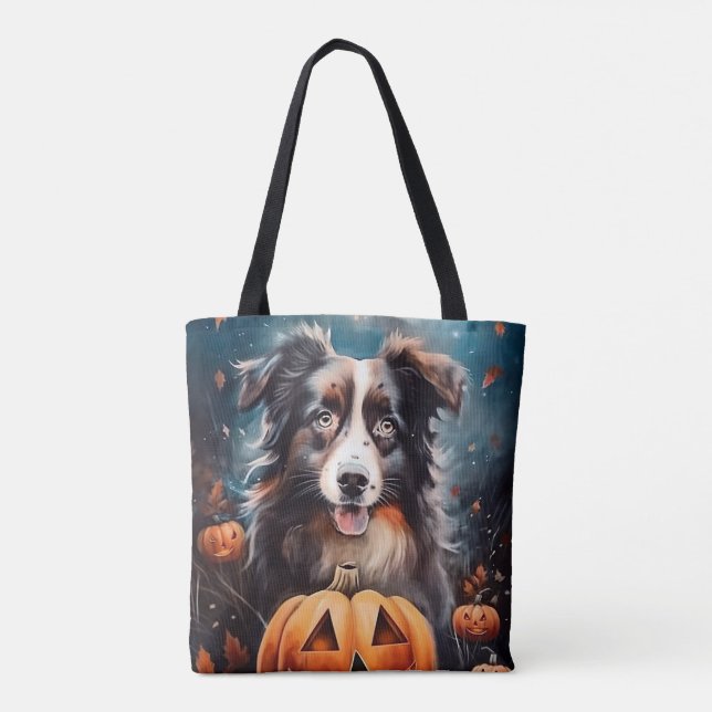 Bolsa Tote Pastor Australiano de Halloween com Abóboras Assus (Verso)