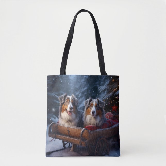 Bolsa Tote Pastor australiano Snowy Sleigh Decor de Natal (Frente)