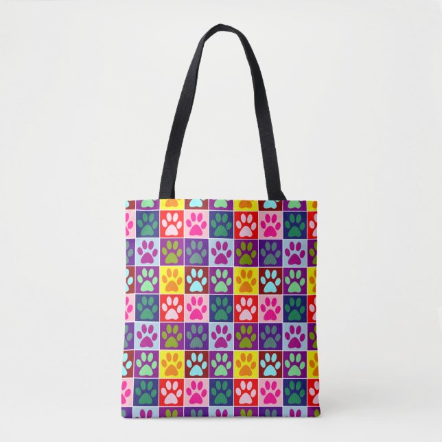 Bolsa Tote Patas Multicoloridas em Quadrados Multicoloridos (Frente)