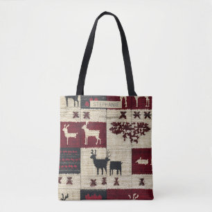 Bolsa Tote Patches Rustic Cross-Stitch   Folk Holiday Motif