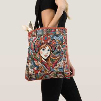 Bolsa Tote Patchwork de arte foliar russa Bohemian Chic Red B