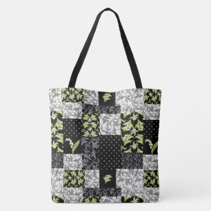 Bolsa Tote Patchwork de lírios do Vale em Preto