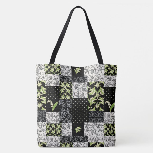 Bolsa Tote Patchwork de lírios do Vale em Preto (Verso)