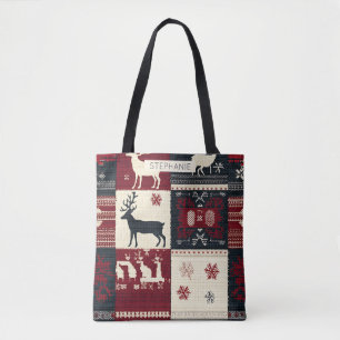 Bolsa Tote Patchwork do Fair Isle Knited Rustic Reindeer
