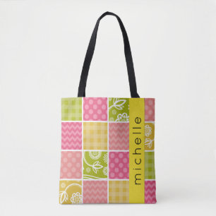 Bolsa Tote Patchwork, Zigzag, Bolinhas, Gingham, Seu Nome