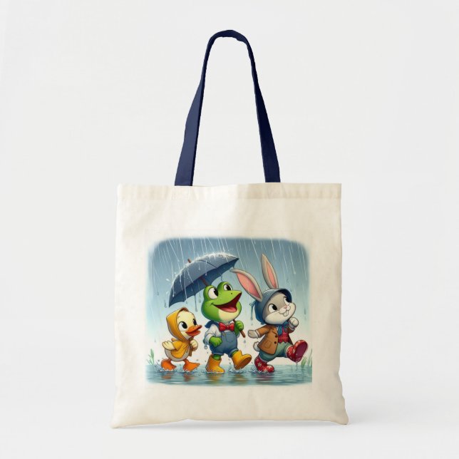 Bolsa Tote Pato bonito, sapo, coelho na chuva (Frente)