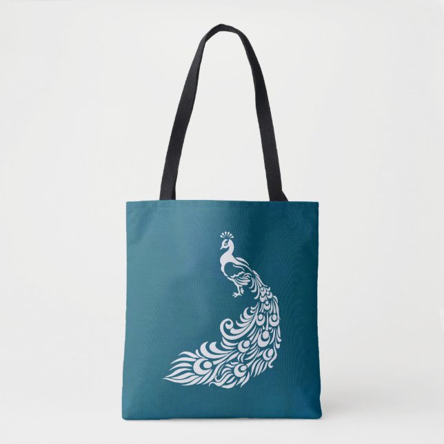 Bolsa Tote Pavão Branco na Na moda de Arte Chic Teal Design (Frente)