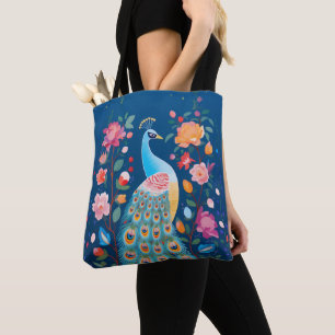 Bolsa Tote Pavão Colorido com Penas Laranja Azul Verde