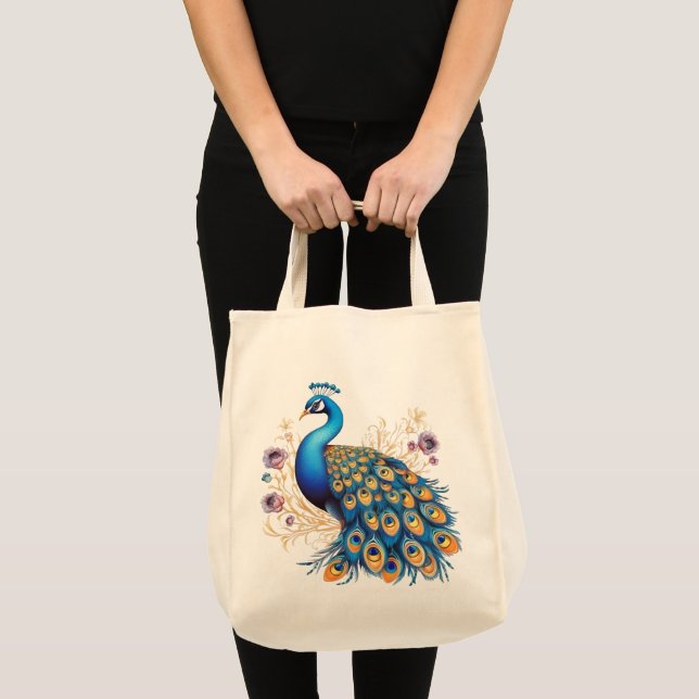 Bolsa Tote Pavão Com Flores Roxas (Frente (produto))