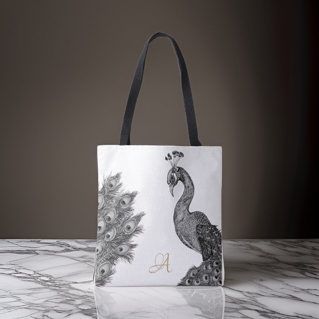 Bolsa Tote Pavão de Aquarela Monograma Preto e Branco (Criador carregado)