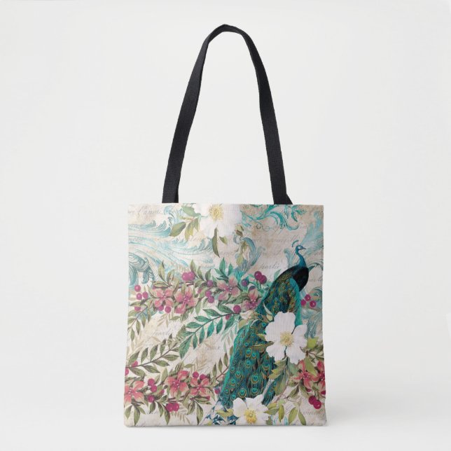 Bolsa Tote Pavão e Flores Ilustrados Antigos Grunge (Frente)