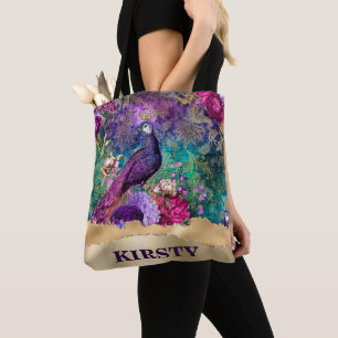 Bolsa Tote Pavão e Flores Ilustrados Vintage Grunge
