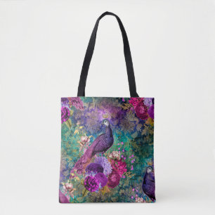 Bolsa Tote Pavão roxo coroado com flores