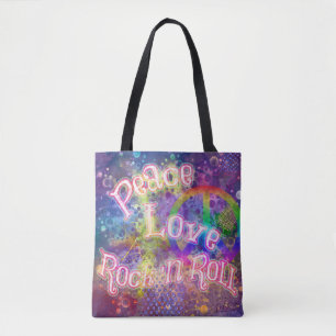 Bolsa Tote Paz, Amor e Rock 'n Roll Bright Boho Hippie