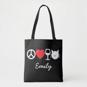 Bolsa Tote Paz, amor, vinho e gatos (escuros)