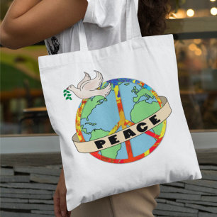 Bolsa Tote Paz Mundial Retrorativa Desenhada à Mão com a Port