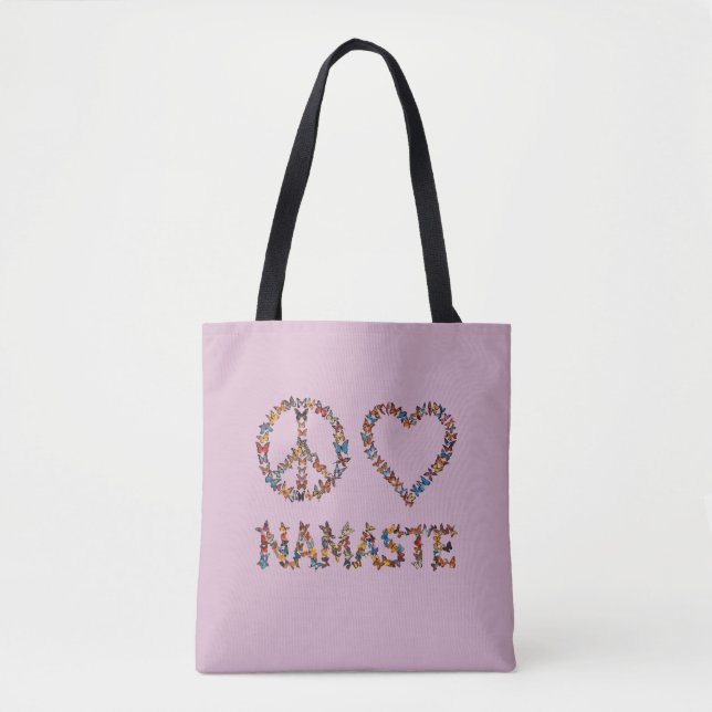 Bolsa Tote Peace Love Namaste Butterflies - Pink Graphic Yoga (Frente)