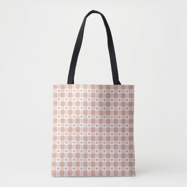 Bolsa Tote Peach Plaid Heart Gingham Retro Color (Frente)