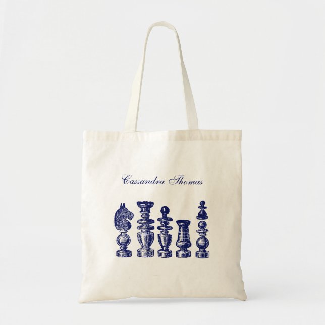 Bolsa Tote Peças de Xadrez Arte Vintage Azul (Frente)