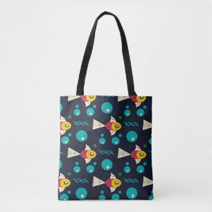 Bolsa Tote Peixe Colorido com ondas no mar. Geometria para