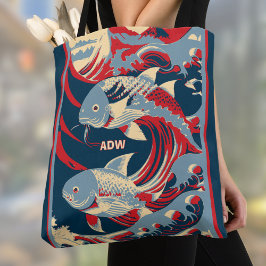 Bolsa Tote Peixe Koi com Monograma da Grande Onda Azul Vermel