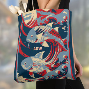 Bolsa Tote Peixe Koi com Monograma da Grande Onda Azul Vermel