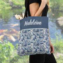 Peixe Koi e Lírio-d'água Azul Chinoiserie Monogram