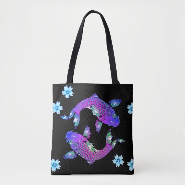 Bolsa Tote Peixe-koi oriental yin yang yang negro, púrpura fl (Frente)