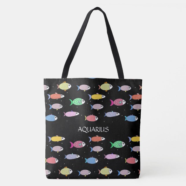 Bolsa Tote Peixe multicolorido moderno sobre preto (Frente)