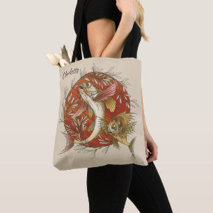 Bolsa Tote Peixe Voador Japonês e Folhas de Bambu Arte Vintag
