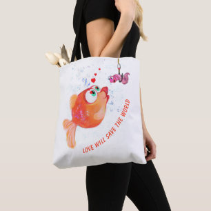 Bolsa Tote Peixes Engraçados e Vermes Adoram Desenho Românt