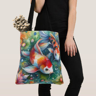Bolsa Tote Peixes Koi Coloridos Caprichosos Aquarela Laranja