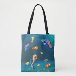 Bolsa Tote Peixes tropicais coloridos e cavalo marinho