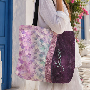 Bolsa Tote Pele de sereia rosa prata falso brilho monograma