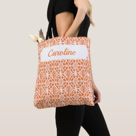 Bolsa Tote Pele Laranja Com Padrão De Lace De Crochet Branco