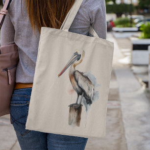 Bolsa Tote pelicano em pé sobre uma aquarela de vara