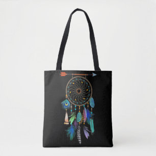 Bolsa Tote Penas Azuis Estilo Boho Dreamcatcher
