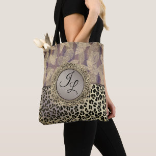 Bolsa Tote Penas Chic com Monograma de Impressão Leopardo